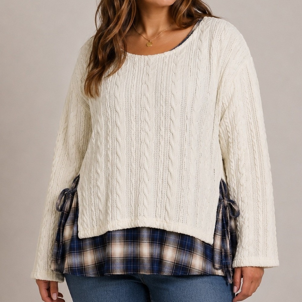 Sonja Betro Women's 2X Layered Cable Knit Plaid Sweater Plus Size Poly Blend